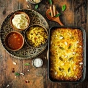 Easy south african bobotie in a black oven dish.