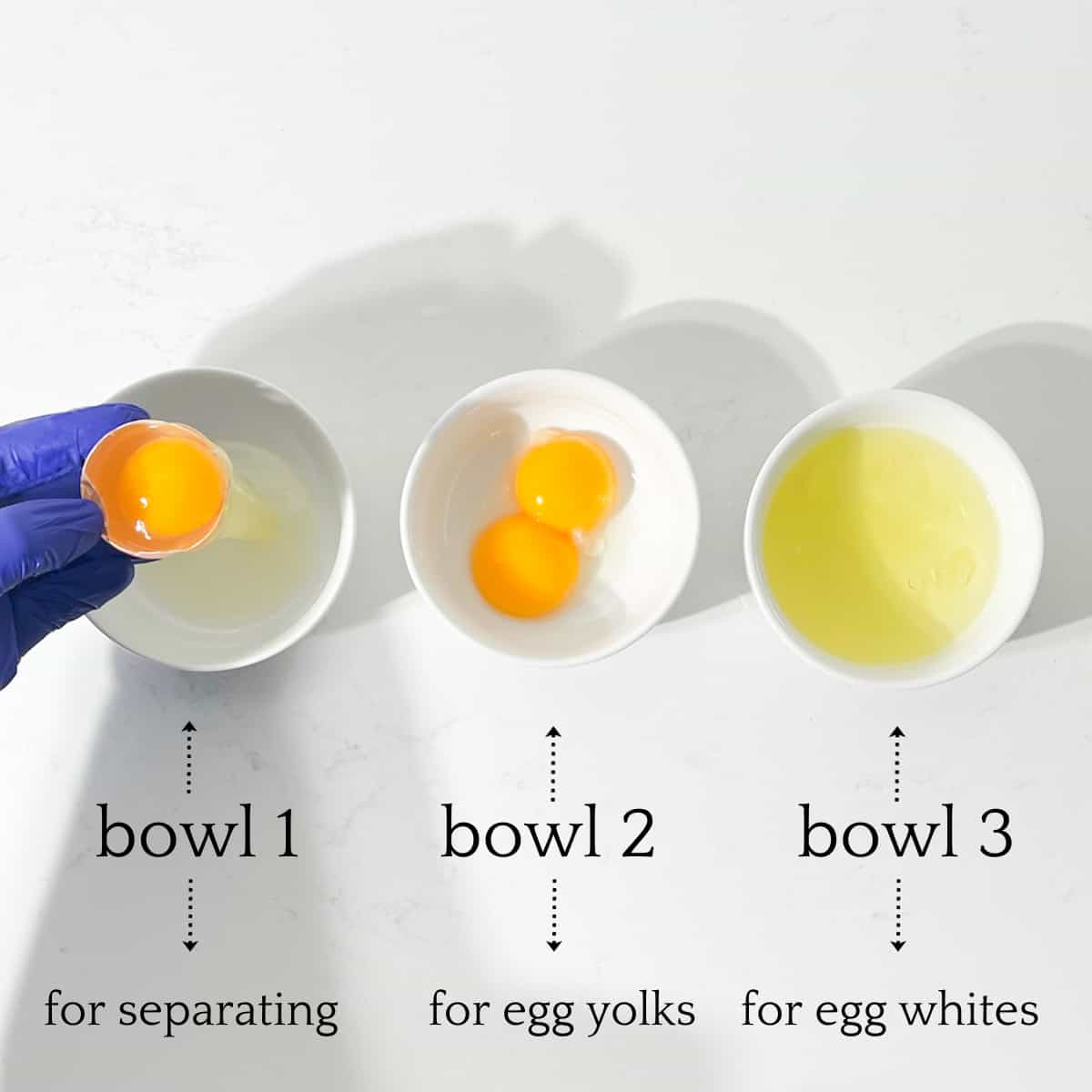 How to separate eggs graphic with three white bowls.