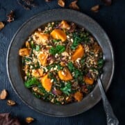 Sweet potato and kale salad in a metal bowl
