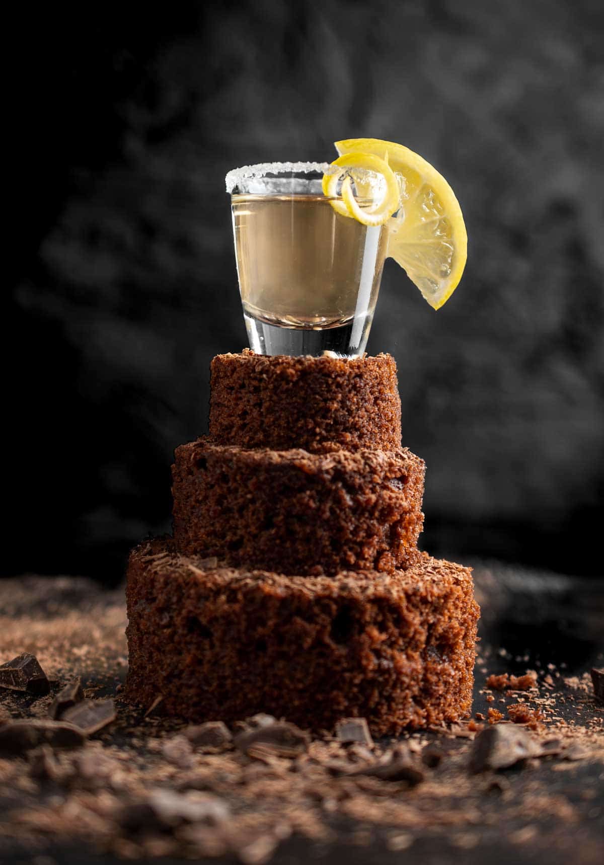 A chocolate cake shot with a slice of lemon on top of a mini tiered chocolate cake.