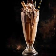 Nutella milkshake in a milkshake glass on a dark background.