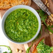 Arugula pesto, also known as rocket pesto, served with toasted ciabatta.