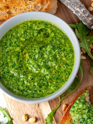 Arugula pesto, also known as rocket pesto, served with toasted ciabatta.