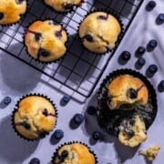 Blueberry muffins on a black wire cooling rack with one blueberry broken open.