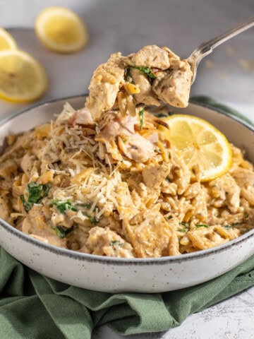 Lemon chicken orzo pasta with a spoonful on a fork.