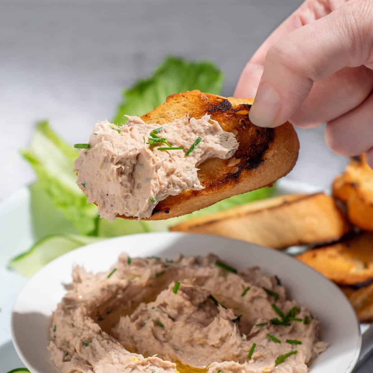 A bowl of tuna pate surrounded by toasted baguette, cucumber ribbons and lettuce.