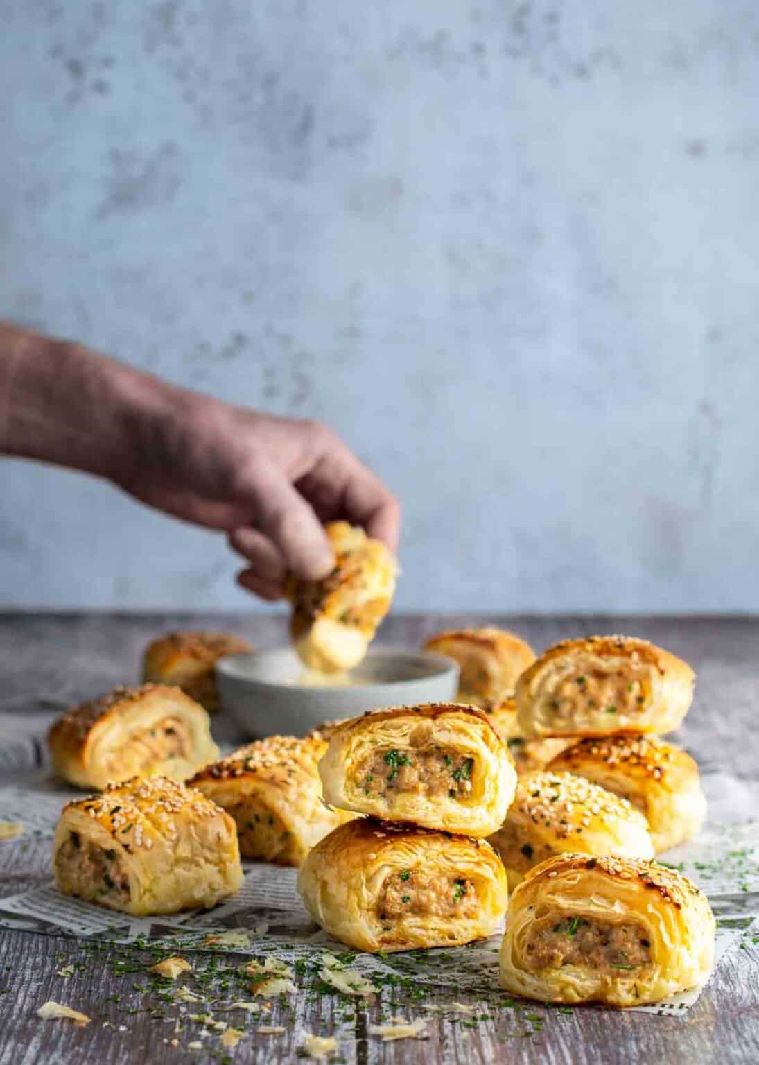 Easy chicken sausage rolls with puff pastry
