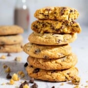 Five chocolate chip cookies without brown sugar stacked on top of each other.