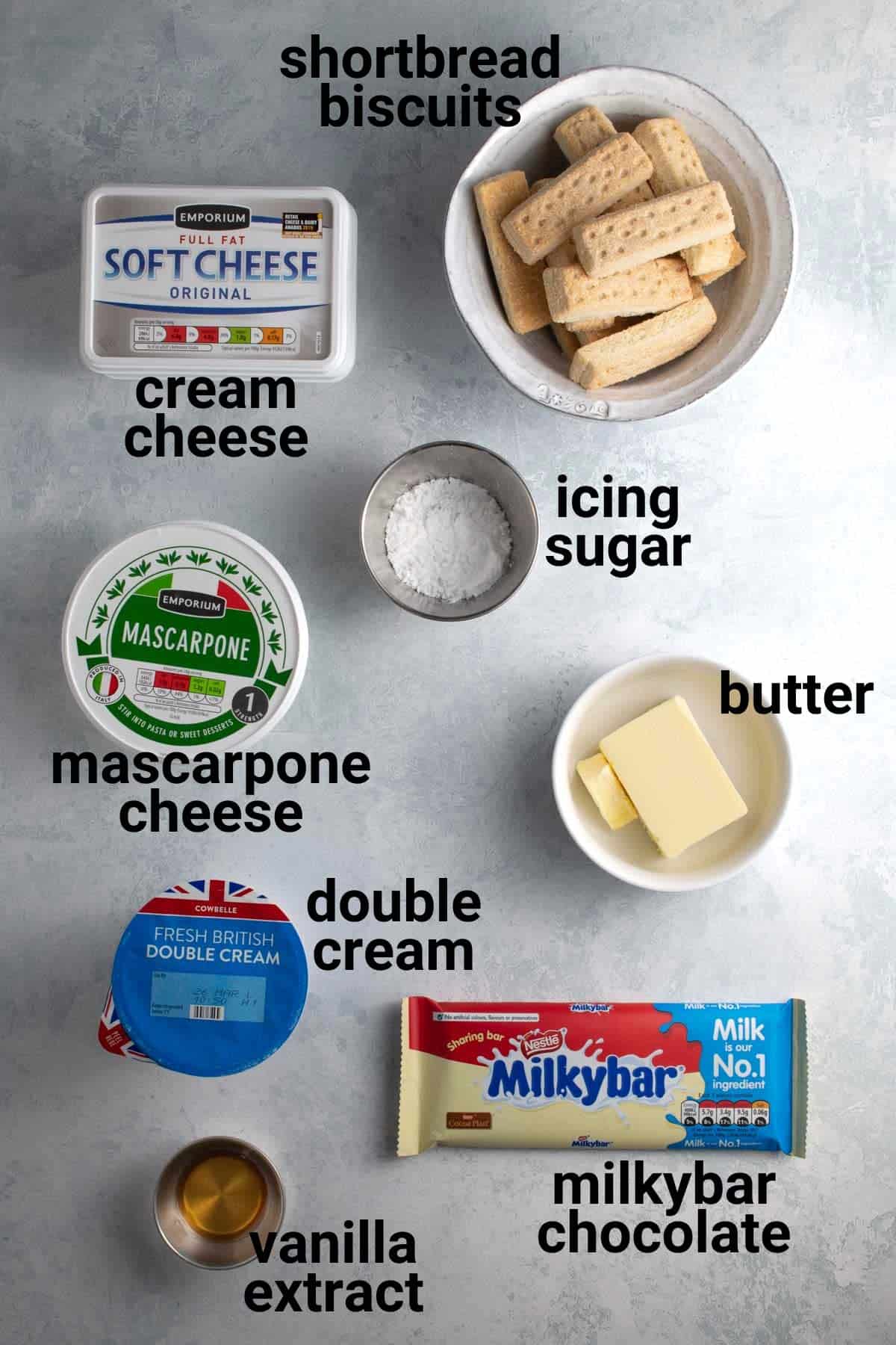 Milkybar cheesecake ingredients.