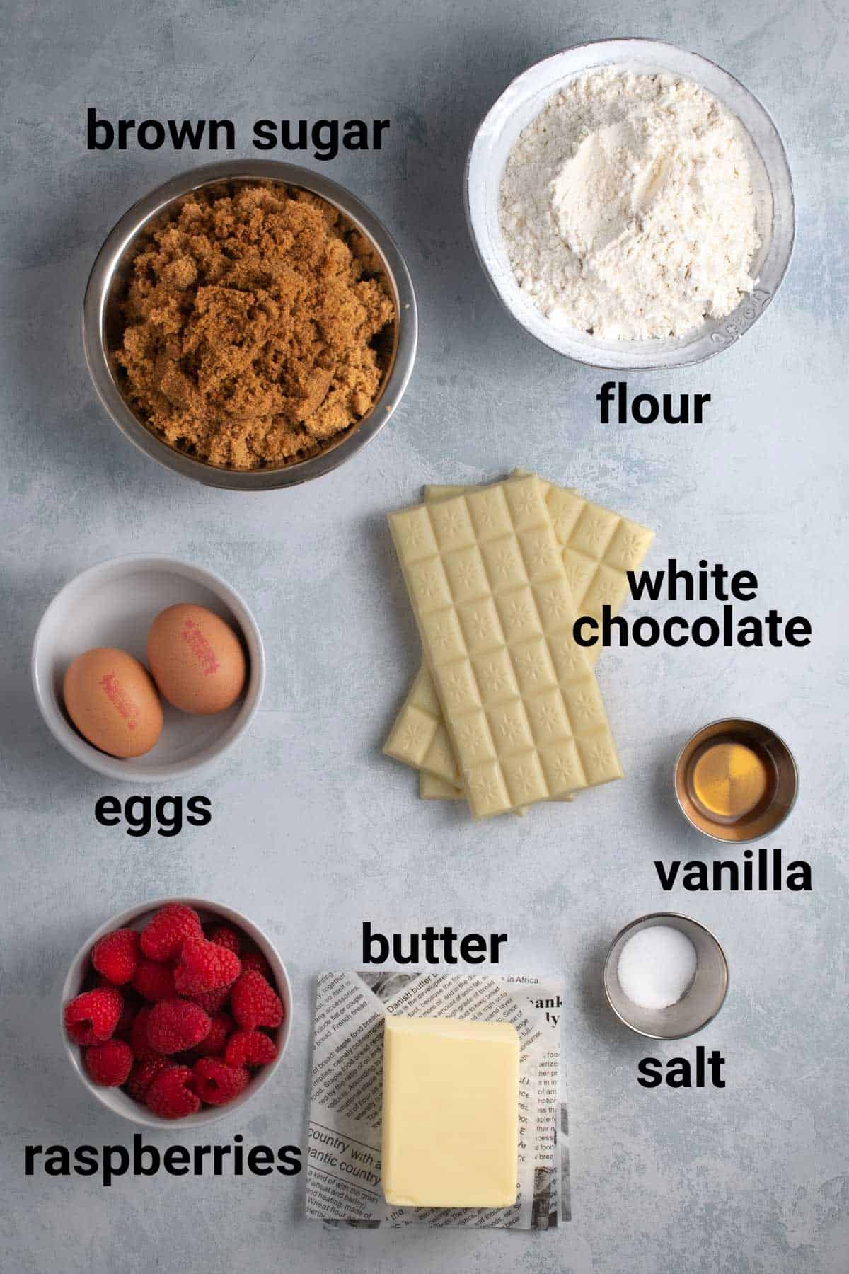 Raspberry and white chocolate blondies ingredients.