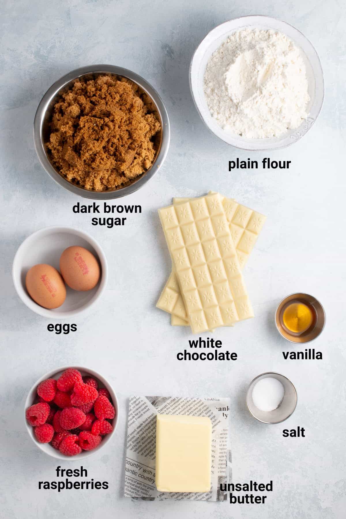 Raspberry and white chocolate blondies ingredients.