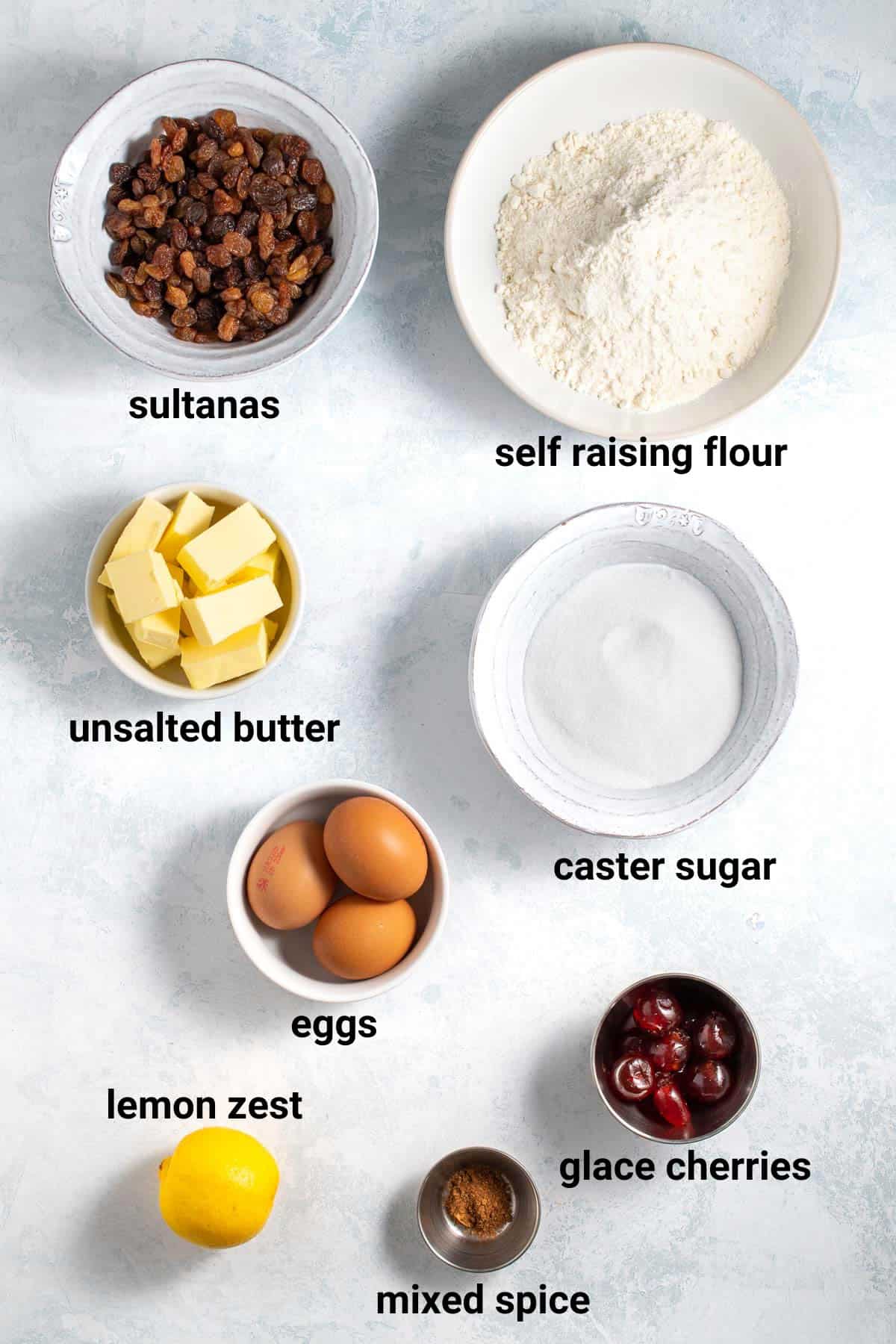 Sultana cake ingredients.