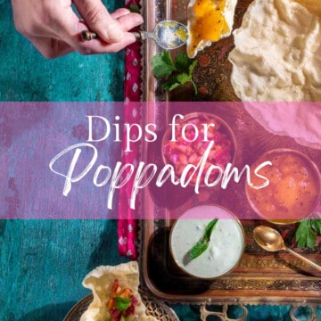 Various dips for poppadoms in snall bowls on a gold tray, surrounded by poppadoms.
