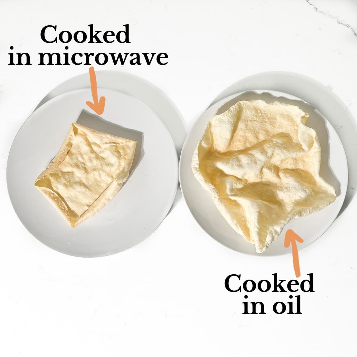 A plate with a microwaved poppadom and a plate with a deep-fried poppadom.