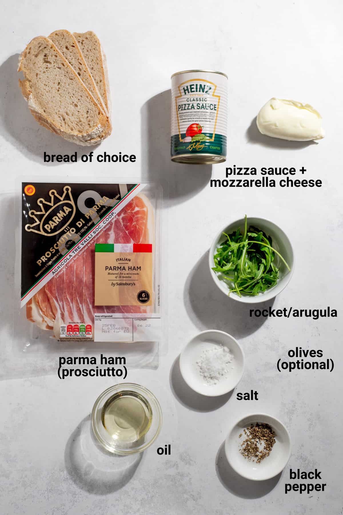 Parma ham pizza toast ingredients.
