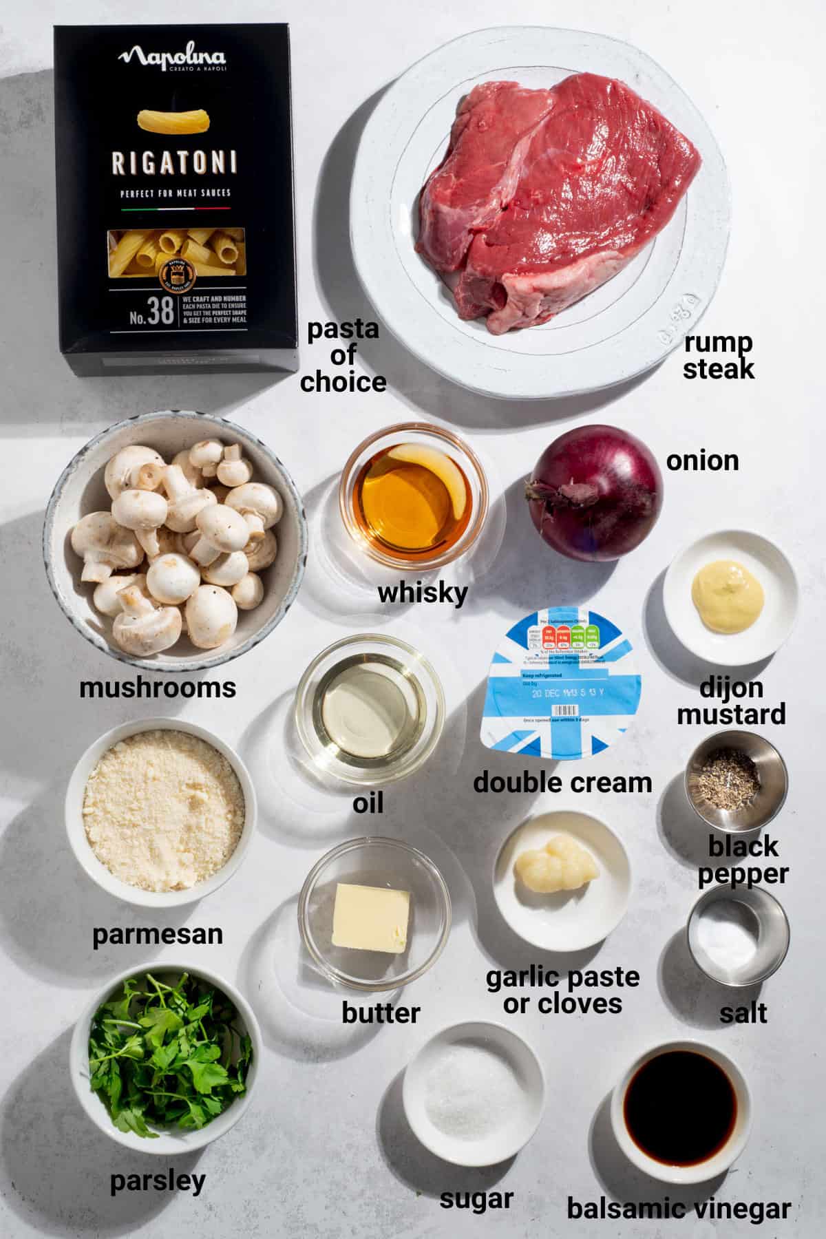 Creamy steak pasta ingredients.