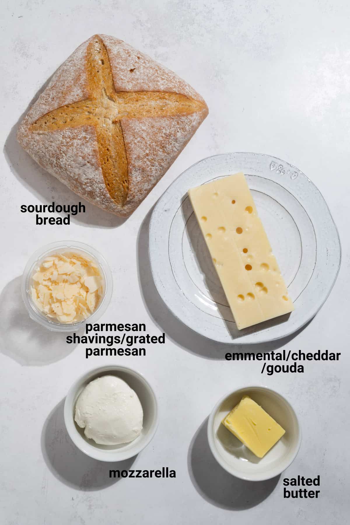 Sourdough grilled cheese sandwich ingredients.