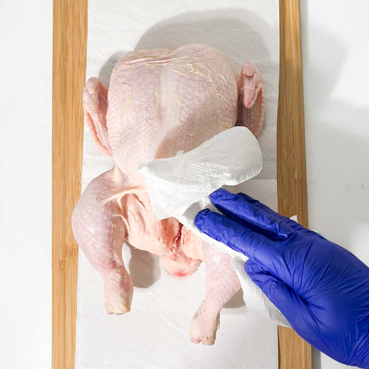 Drying the chicken with kitchen paper.