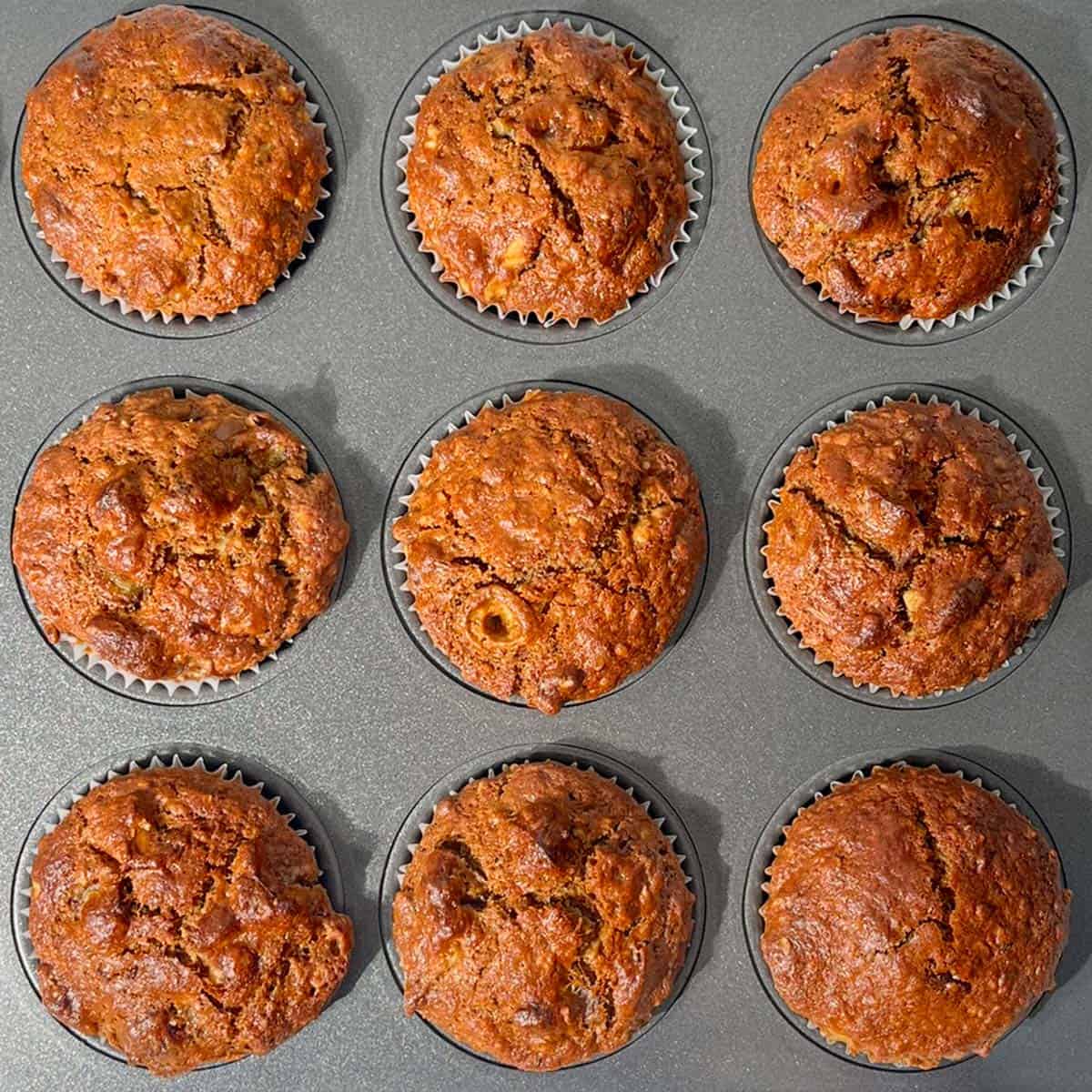 Baked date muffins in a muffin pan.