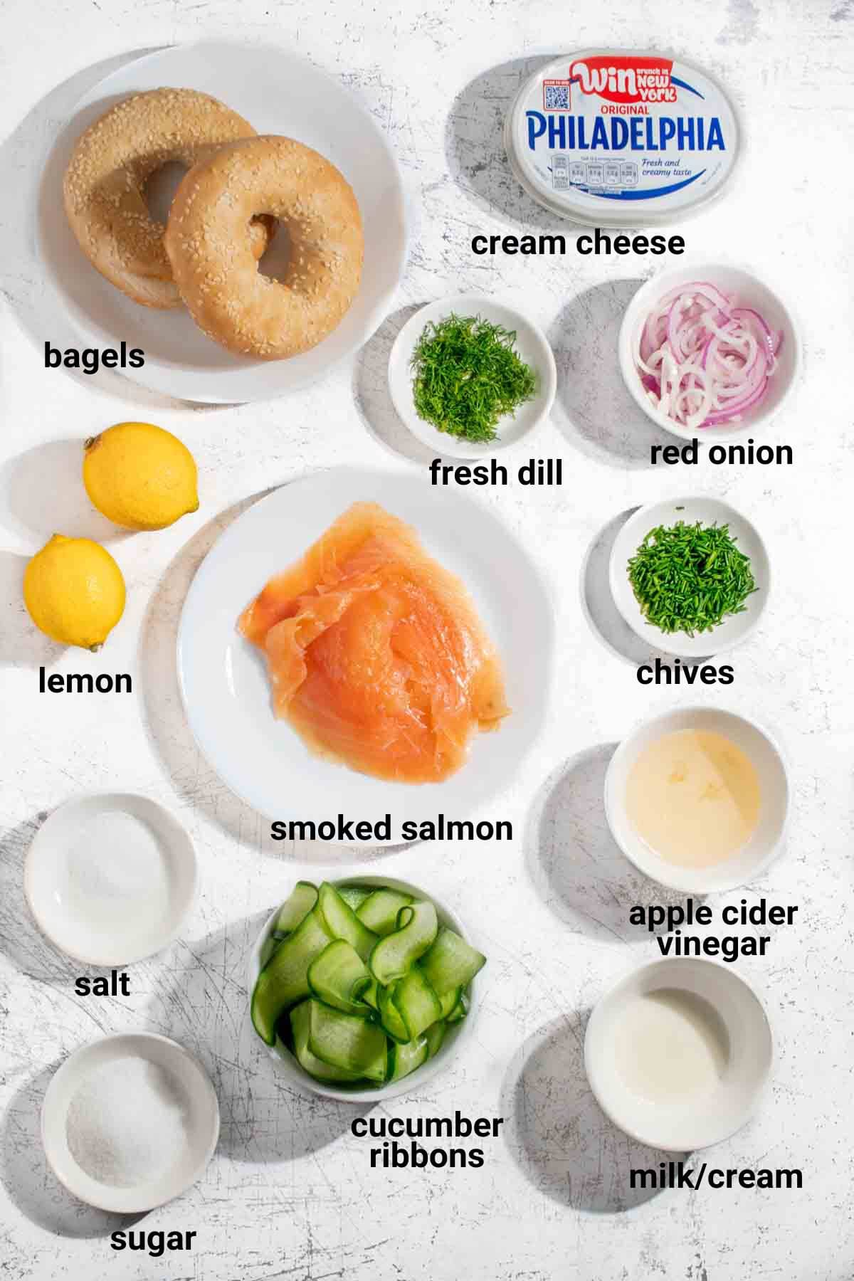 Smoked salmon and bagels ingredients.