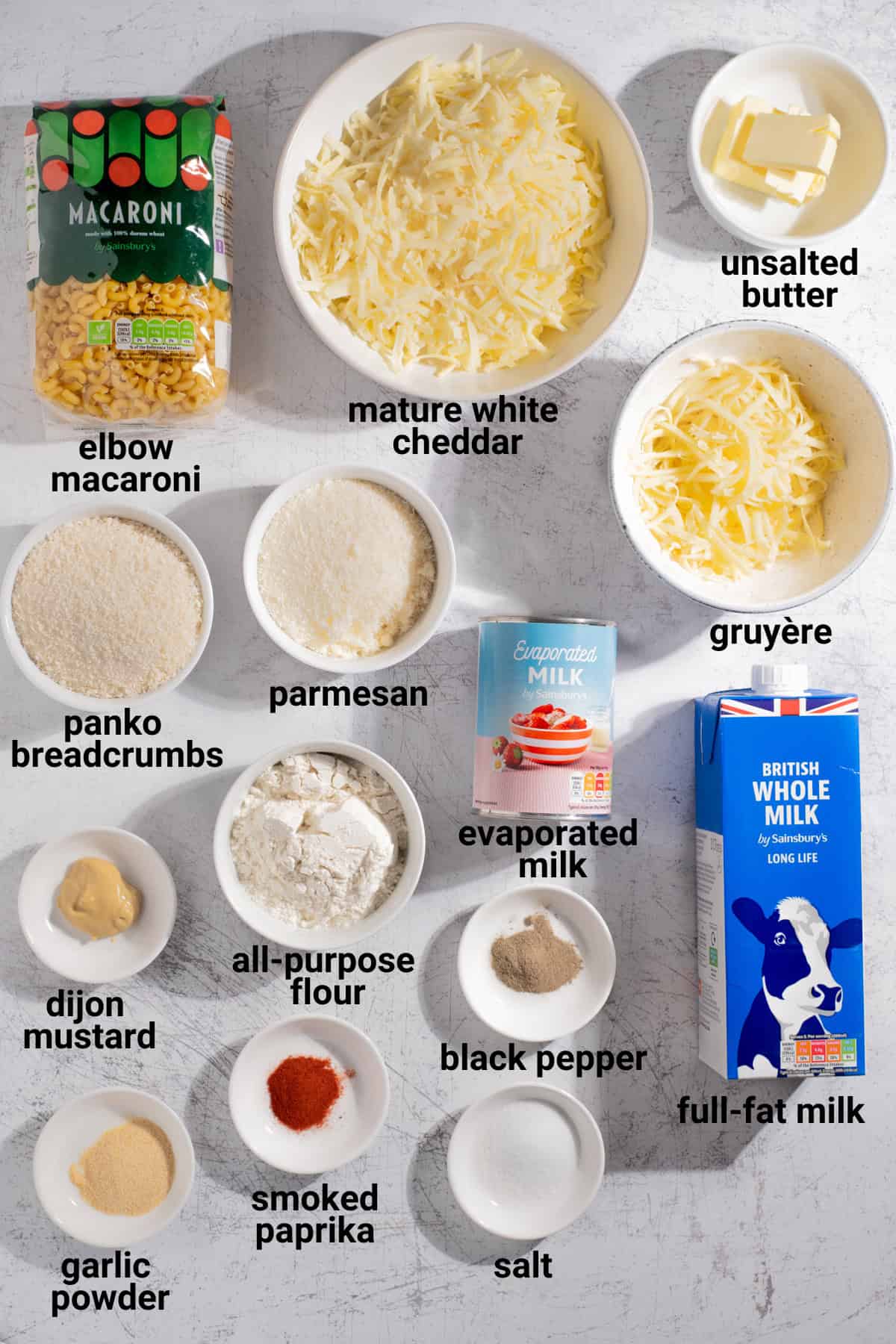 Three cheese mac and cheese ingredients.