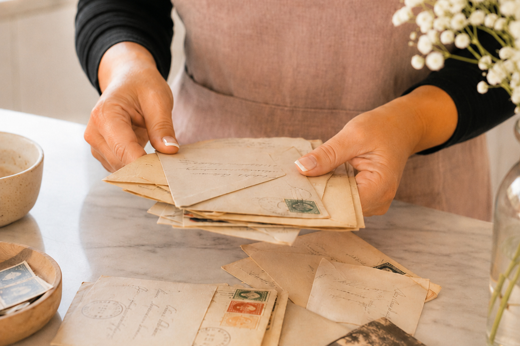 Maretha holding old letters in her hands. 